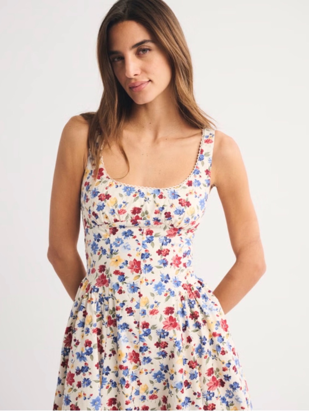 Abercrombie & Fitch Cream Midi Dress with Blue, Pink & Yellow Floral Print - Picture 4 of 7